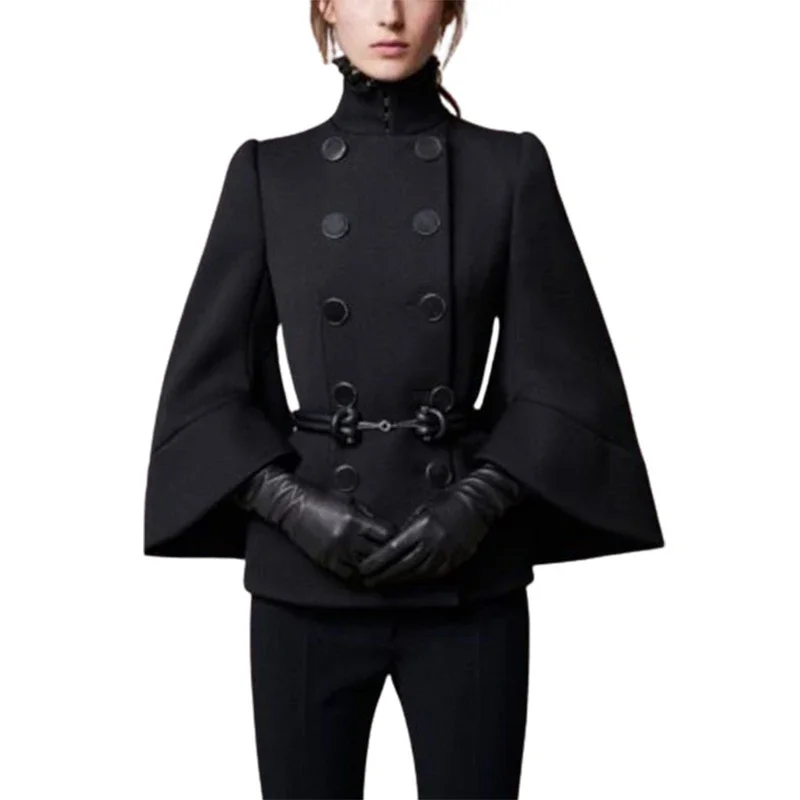 Gymystars Womens 2025 Short Jacket England Buttoned Black High Neck Coats Spring  Long Flared Sleeves Outerwear For Women