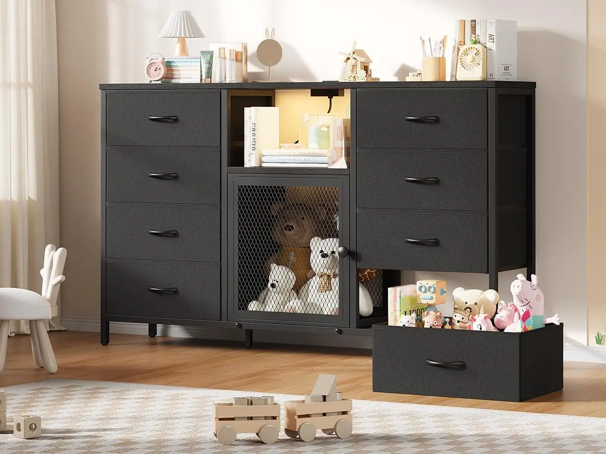 TV Stand for 65" TVs with LED Lights & Charging Station, 8 Fabric Drawers, Wood Top, Bedroom/Living Room Closet – Black