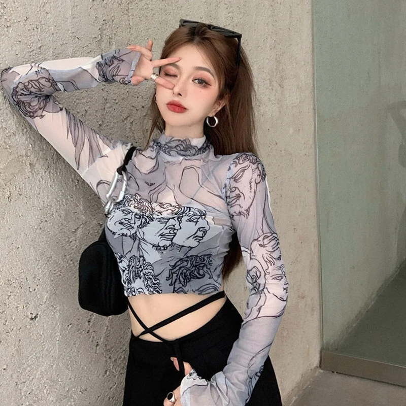

Vintage Print Women's Mesh Long Sleeve T-shirt Half High Neck Thin Perspective Art Style Slim Hottie Sexy Personality Inside Top
