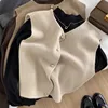 Crew Neck Women's Korean Solid Button Short Sleeve Cardigan Coats Sweater Knitted Sleeveless Ladies Elegant Tanks Bottoming 2