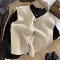 Crew Neck Women's Korean Solid Button Short Sleeve Cardigan Coats Sweater Knitted Sleeveless Ladies Elegant Tanks Bottoming 2