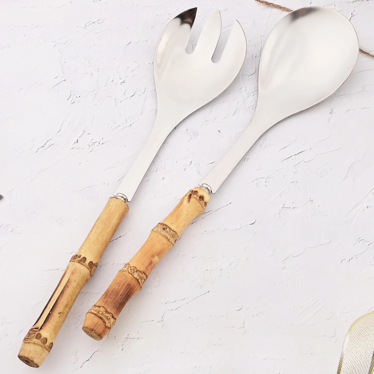 1Pc Wood Bamboo Root Handle Cutlery 304 Stainless Steel Dinnerware Serving Fork Spoon Salad Fork Spoon Coffee Tableware