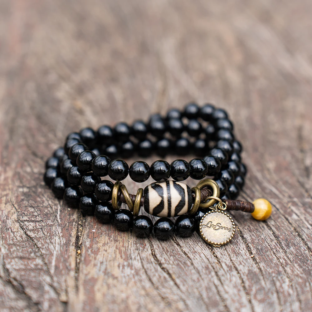 

Bracelet For Men Black Obsidian Green Bodhi Boho Natural Crystal Stone Men's Jewelry Triple Protection Chakra Hand Bracelet