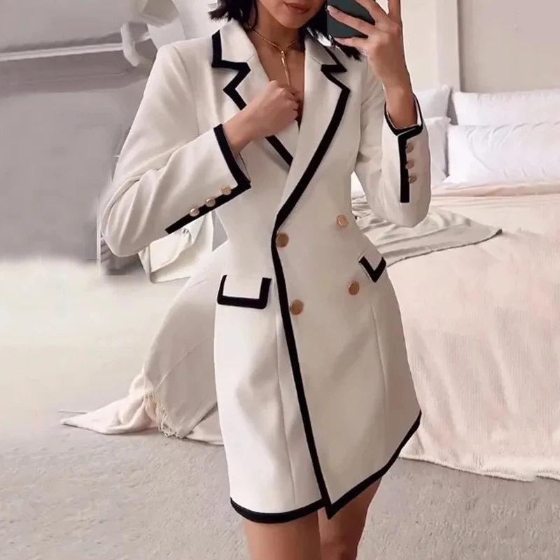 

Autumn Contrast Color Lapel Double-breasted Dress Fashion Long Sleeve Commute Blazer Dress Elegant Patchwork A-Line Slim Dresses