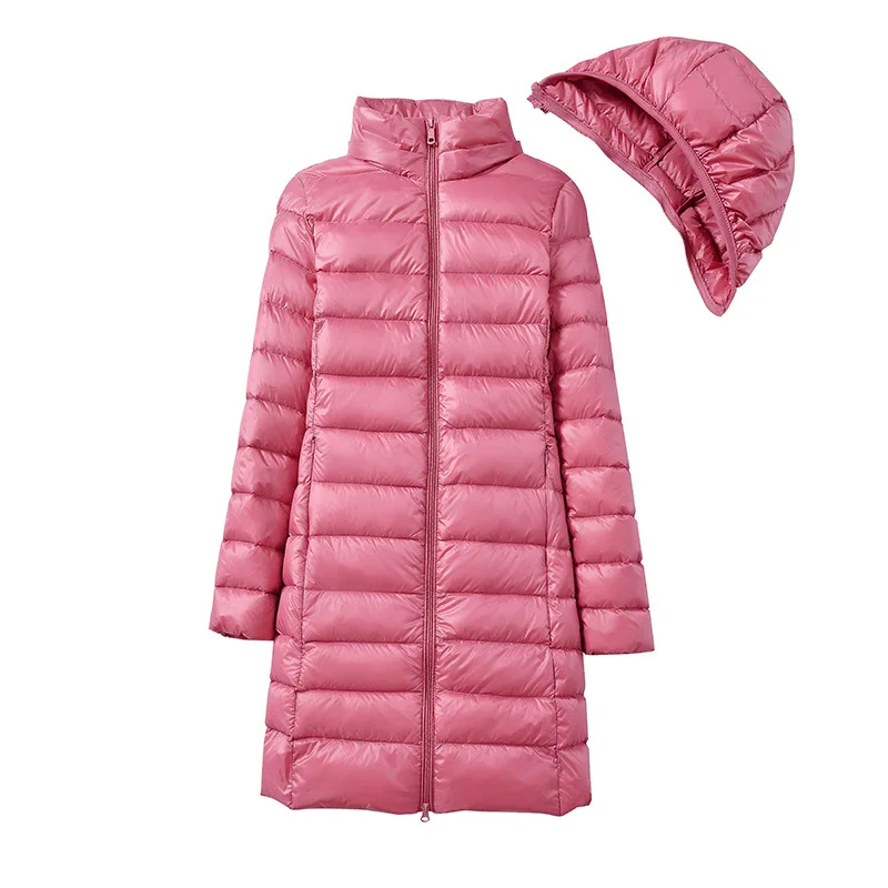 Womens Casual Lightweight Remove Hooded Down Jacket Packable Solid Color Mid-Length Puffer Coats Jacket Parka with Storage Bag
