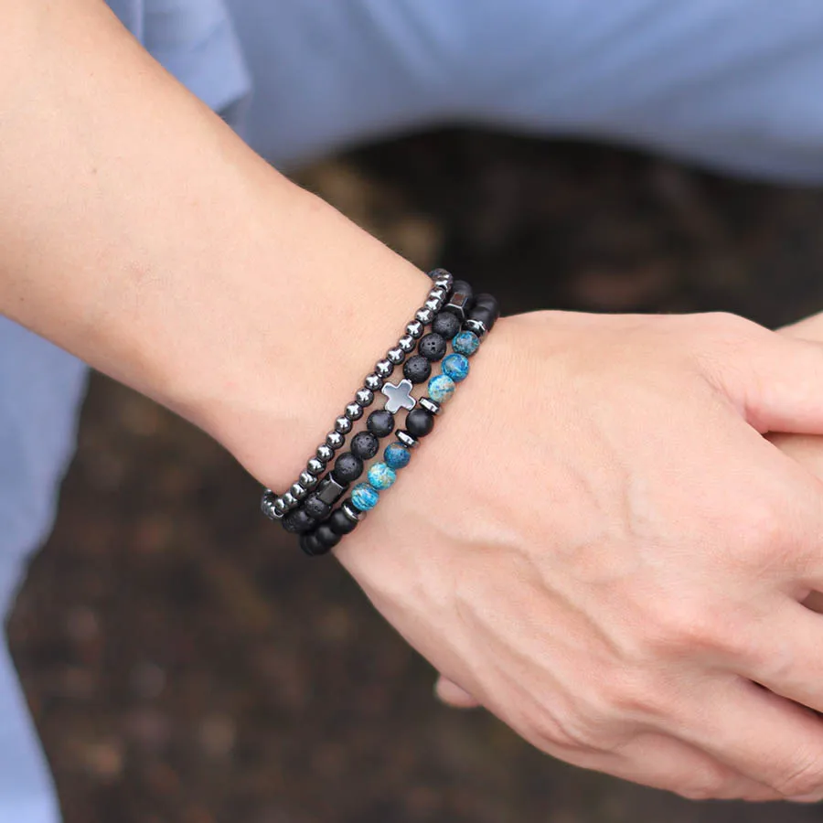 Hematite Tiger Eyes Lava Stone Beaded Men Bracelet Set