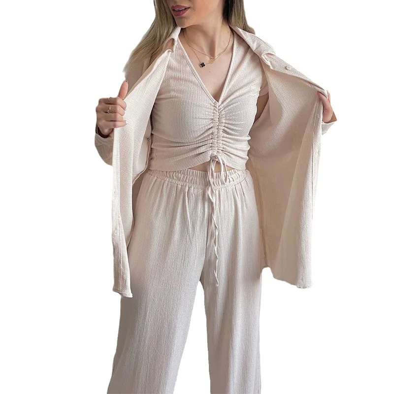 Pant Sets Women Solid Three Pieces Set Long Sleeve Cropped Button Shirt Loose Wide Leg Trouser Work Sporty Suits Streetwear