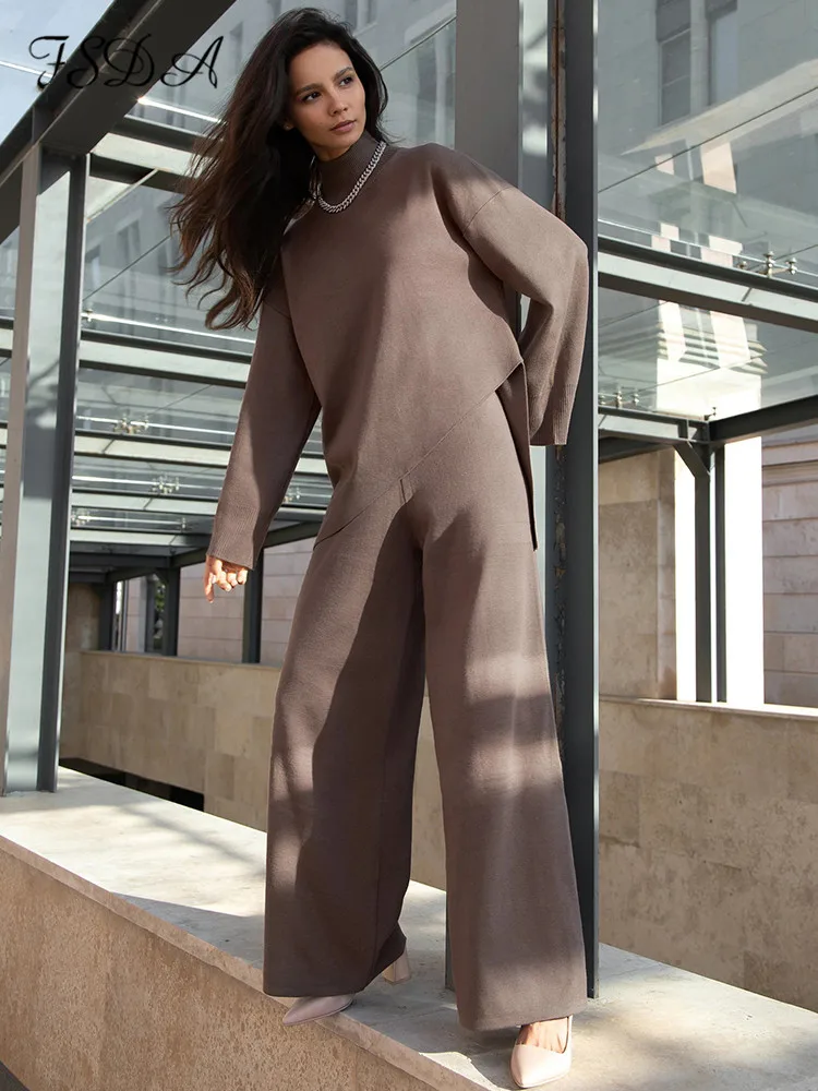 

Knitted Two Piece Turtleneck Sweater Wide Leg Pants Set Women Autumn Winter Long Sleeve White Pullovers Top Tracksuit Casual