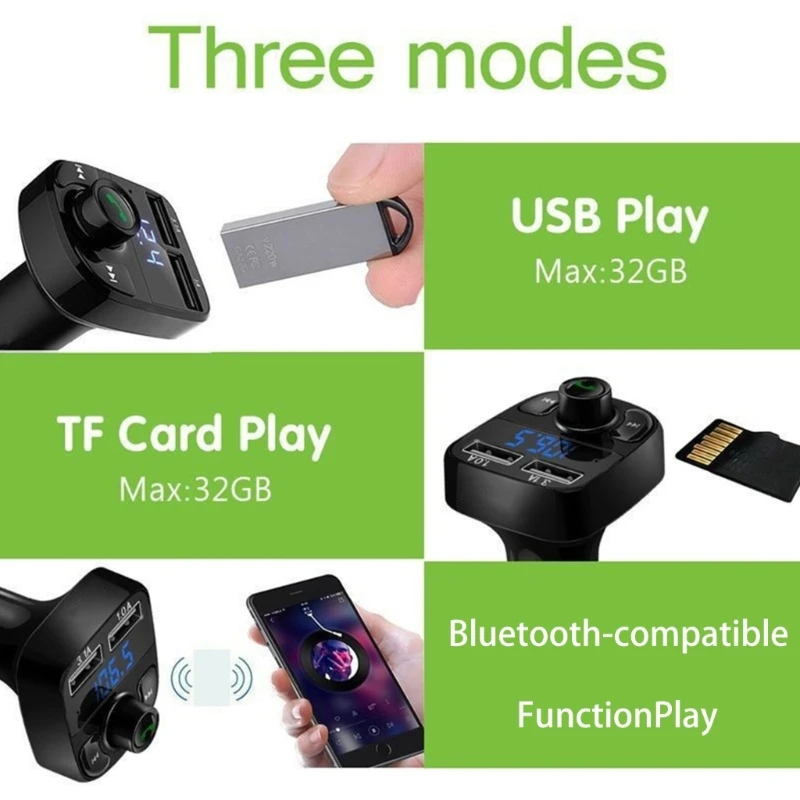 H8WA X8 무선 차량용 충전기 블루투스 호환 LED FM 송신기, 듀얼 USB 핸즈프리 자동차 충전 MP3 음악 TF U 디스크
