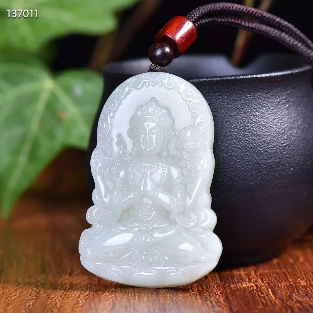 

Natural 100% real white hetian jade grave guanyin Bless peace pendant jewellery Handle piece for men woman gifts good luck
