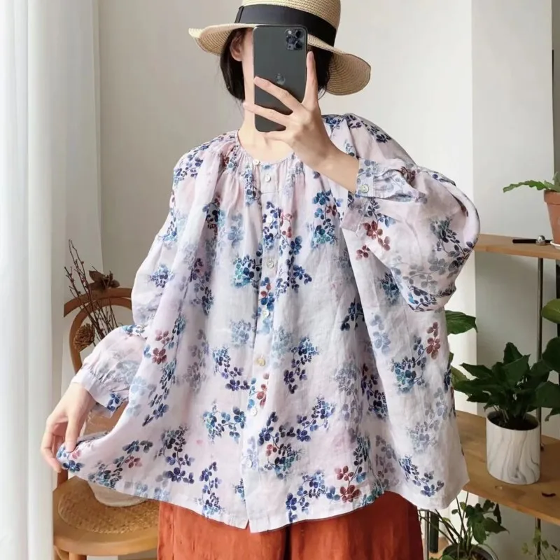 

Johnature Spring Autumn Ramie Women Tops 2024 New Vintage Casual O-neck All Match Loose Full Sleeve Button Female Shirts