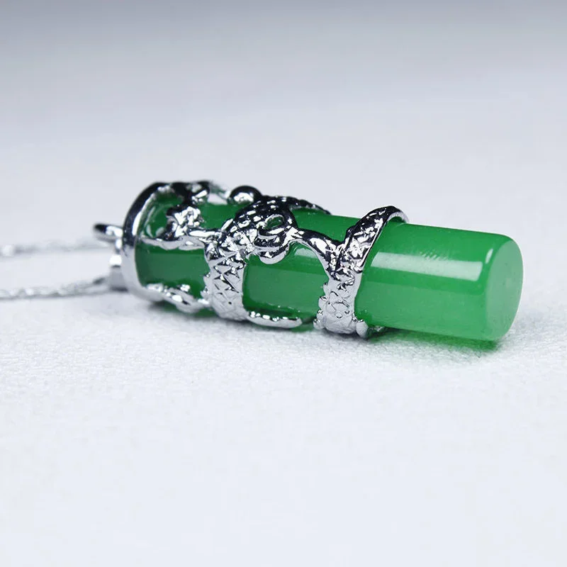Natural Green Jade Dragon Pillar Pendant 925 Silver Necklace Carved Charm Jewelry Fashion Accessories Amulet for Men Women Gifts