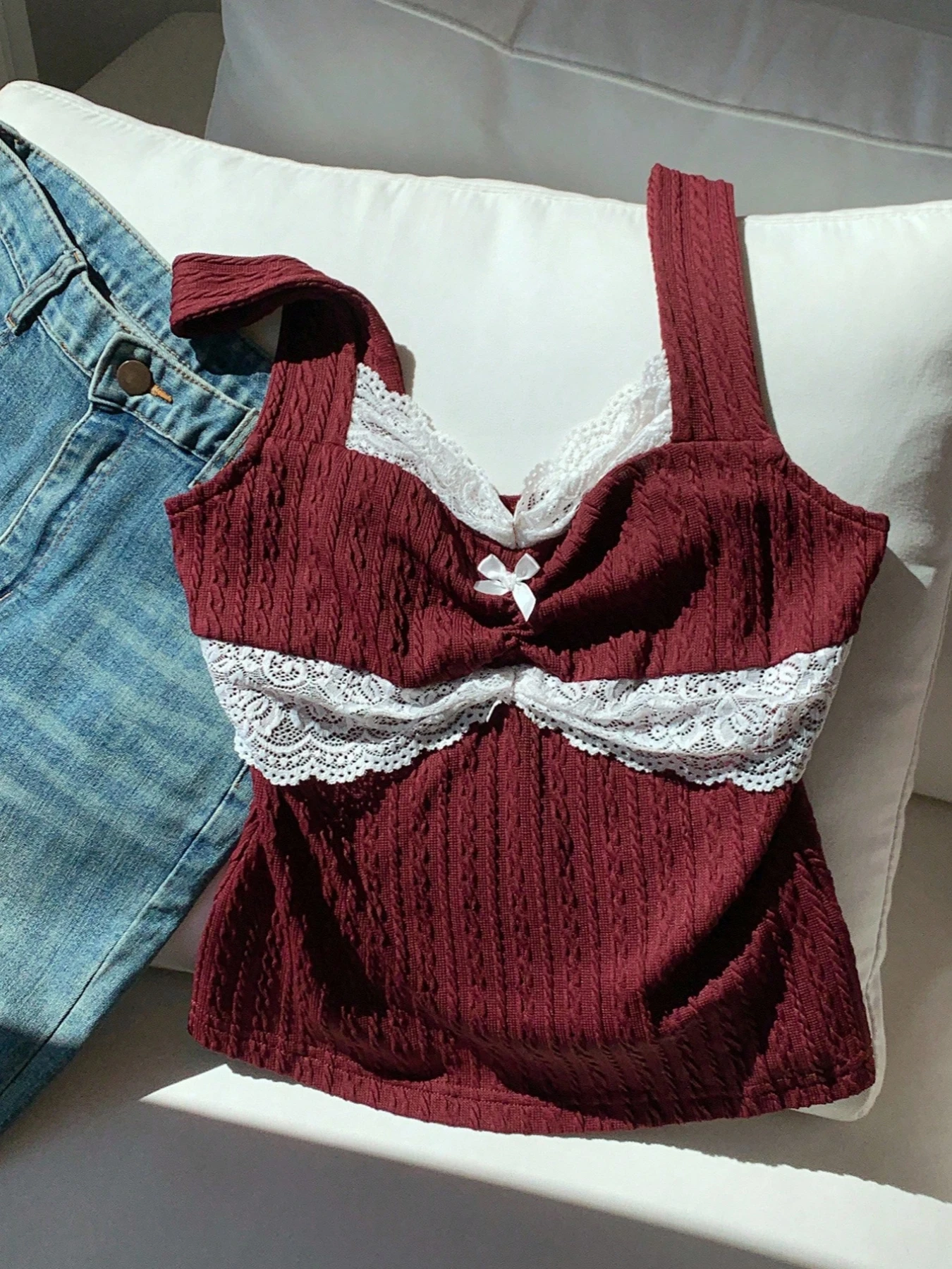 Y2K Summer Fashion New Lace Splicing Bow Decoration Pure Desire Women's Tank Top 5