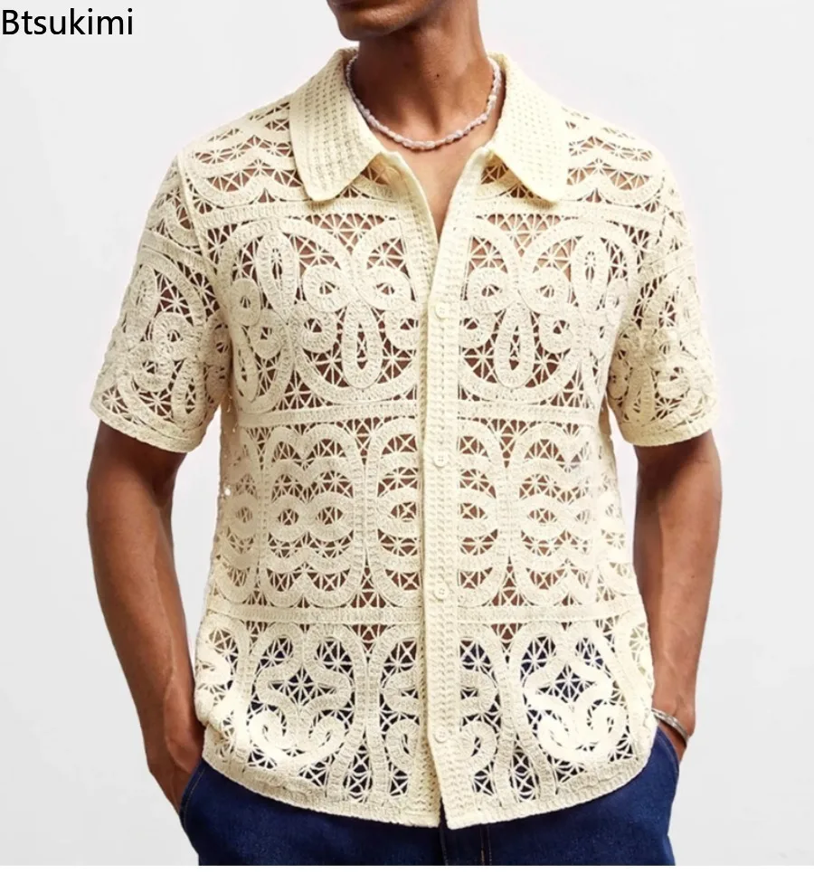 Nuove Polo da Uomo 2026 in Maglia Colorata a Quadri Stile Etnico, Cardigan Estivi Casual a Maniche Corte, Top Lavorati a Maglia da Uomo - immagine 4