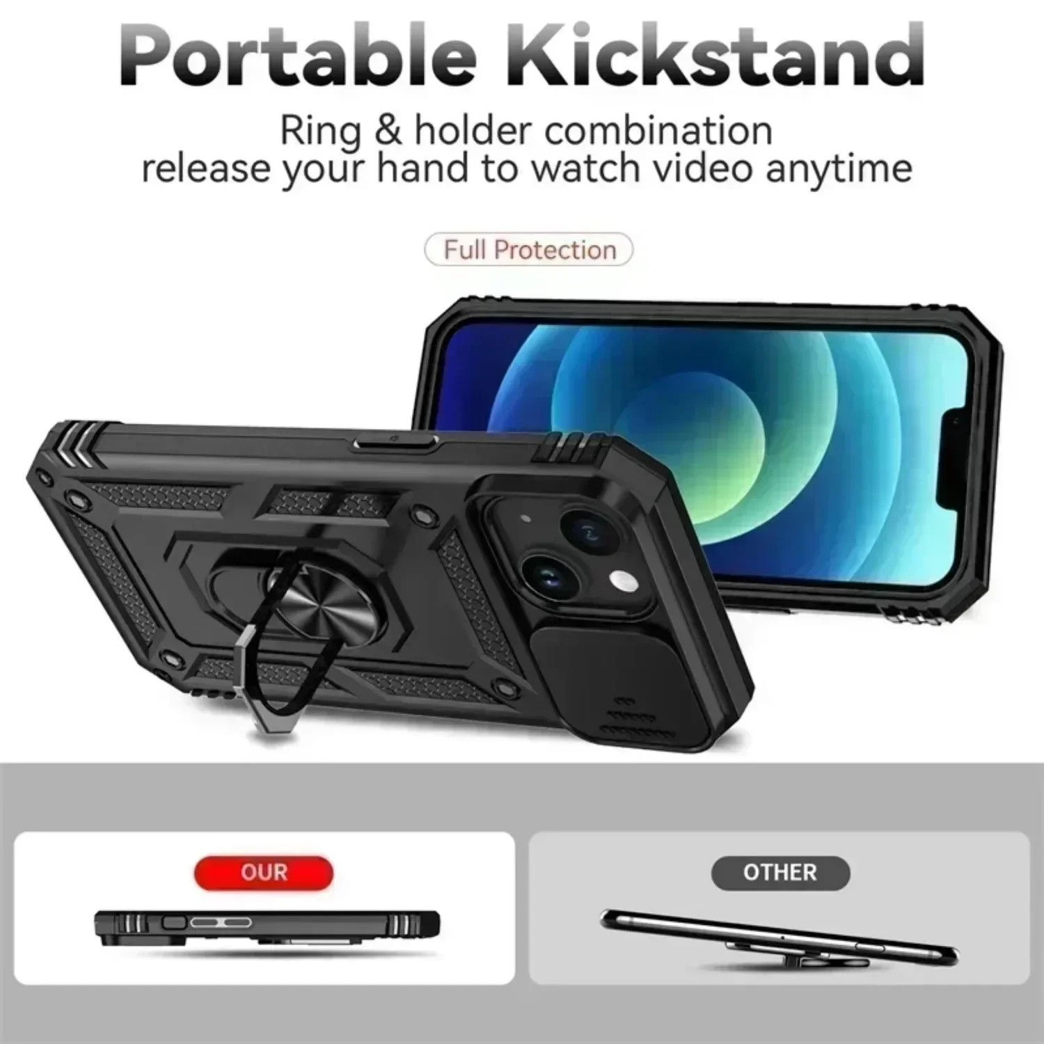 Military Grade Armor Case with Rotating Ring Stand and Slide Camera Lens Cover