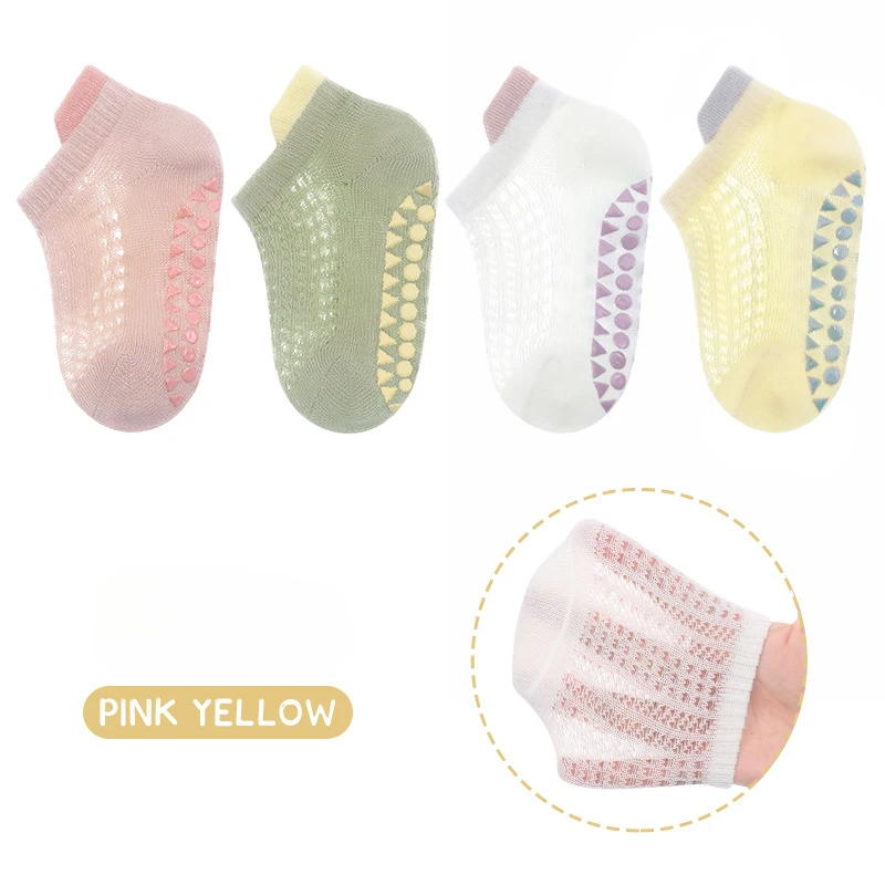 Summer Thin Cotton Anti Slip Baby Trampoline Socks Baby and Toddler Floor Socks 4 Pairs of Smiling Face Glue Mesh Boat Socks