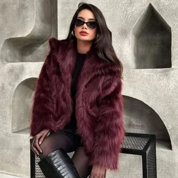 HXAO Women's Fur Coat Women 2024 Plush Burgundy Bomber Jacket Solid Crop Long Sleeve Jacket Warm Winter Coats Woman Casual Coats 6