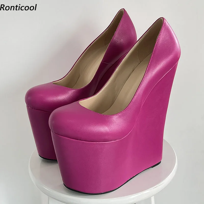 

Ronticool Handmade Women Platform Pumps Ultra High Wedges Heels Round Toe Pretty Fuchsia Party Shoes US Plus Size 5-15