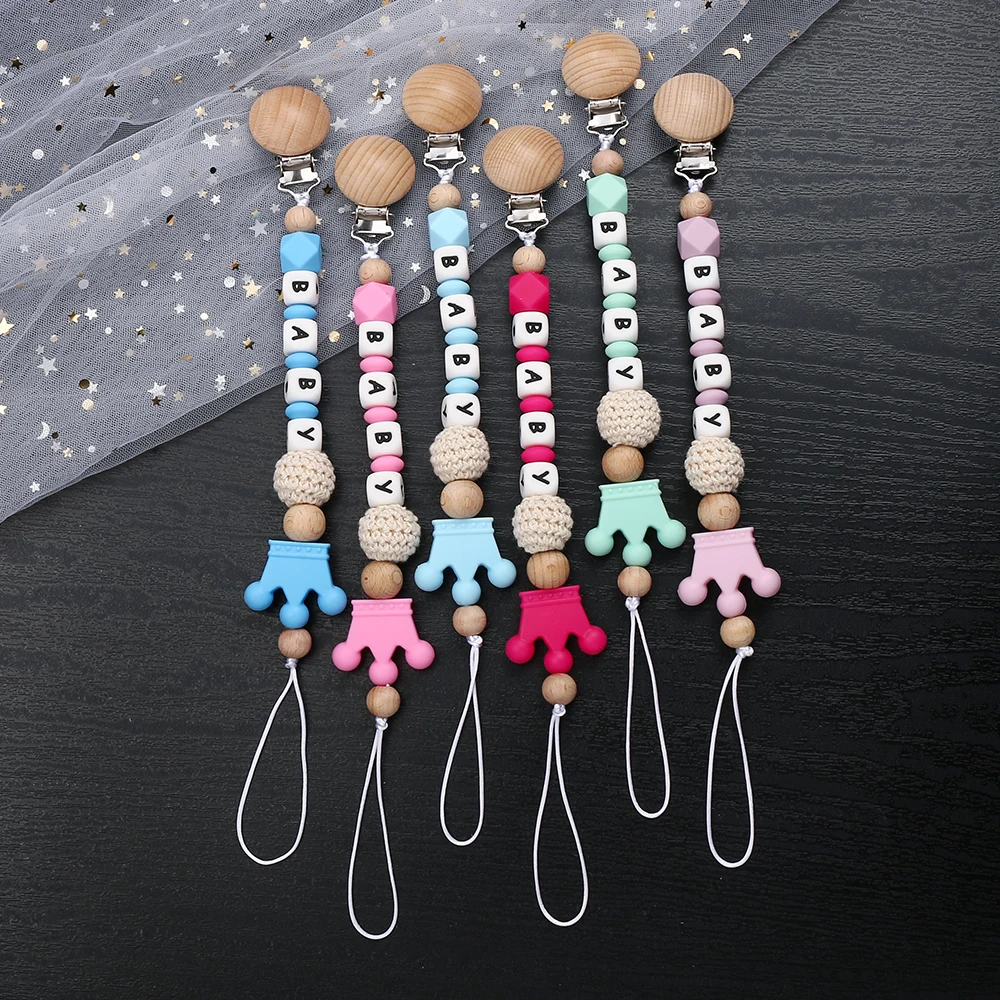 Personalized Name Baby Pacifier Clip Wood Soother Chew Teether Toys Dummy Safe Crown Silicone Teether Pacifier Chain Gift
