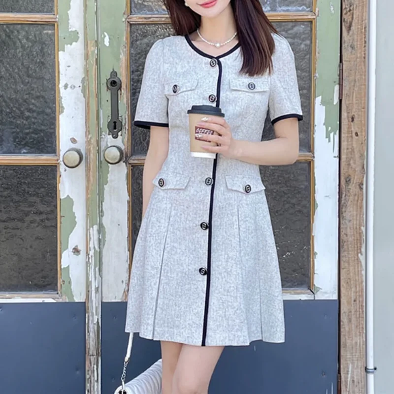 French Elegant Small Fragrant Plait Dress Summer Women Show Thin Sweet Office Fashion Loose Short Sleeves Dresses One Pice 1289