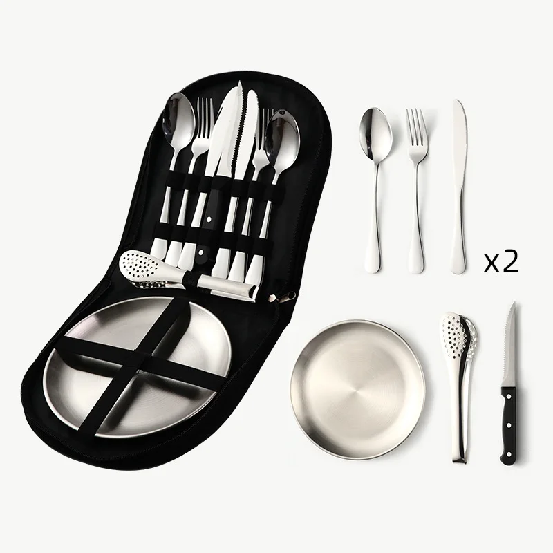 

Outdoor Travel Stainless Steel Tableware Camping Picnic Barbecue Plate Clip Steak Knife Fork Spoon Set Portable Storage Bag