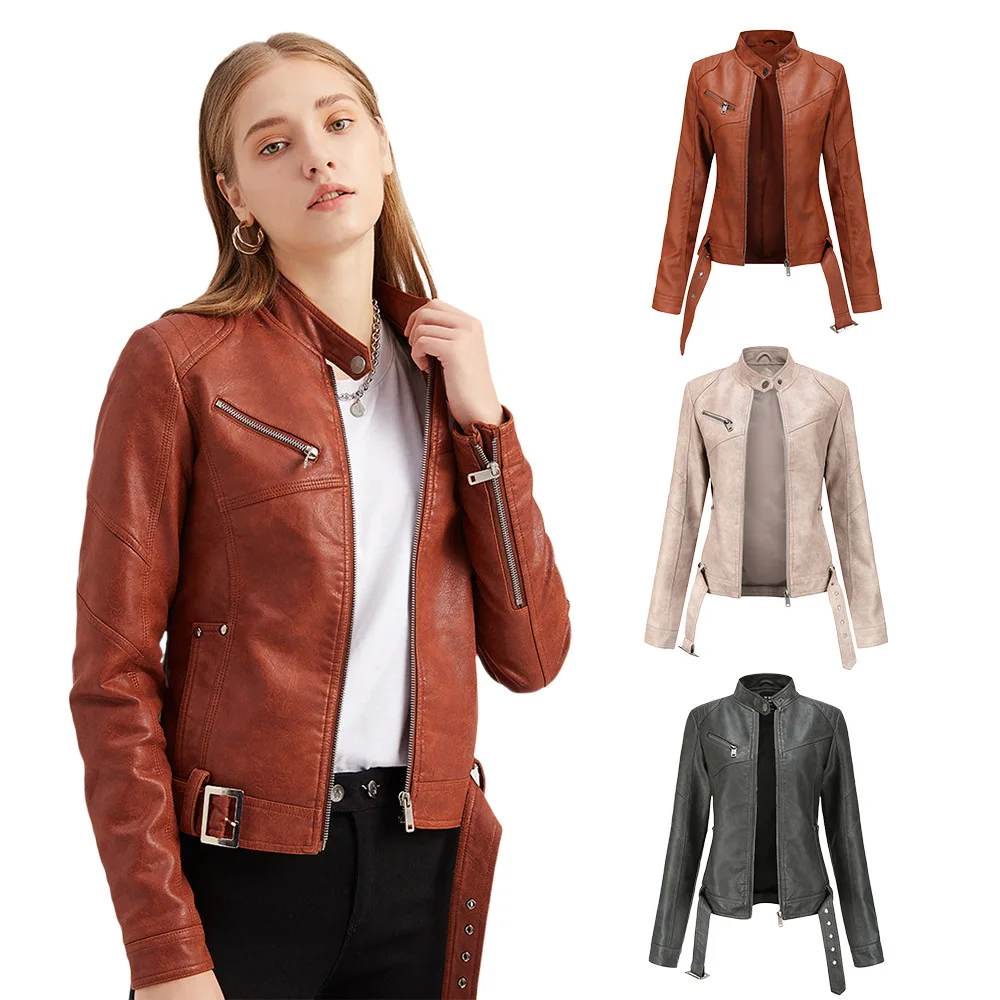 

2023 Spring And Autumn New Style Jacket Short Style With Belt sSlim PU Jacket Stand Collar Thin Coat Women's Fashion