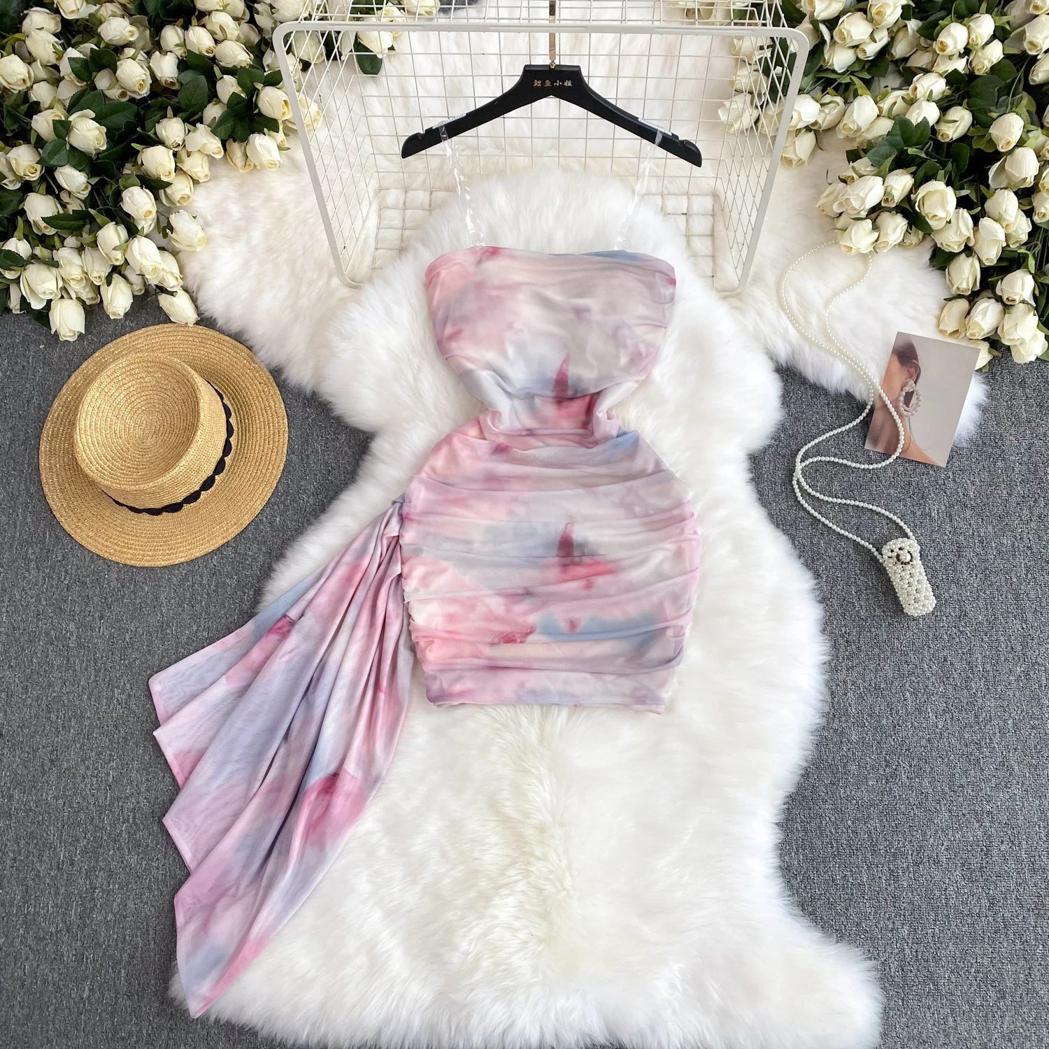 Sexy Pleated Tie Dye Tube Top Dress Chic Elegant Vintage Women Korean ...