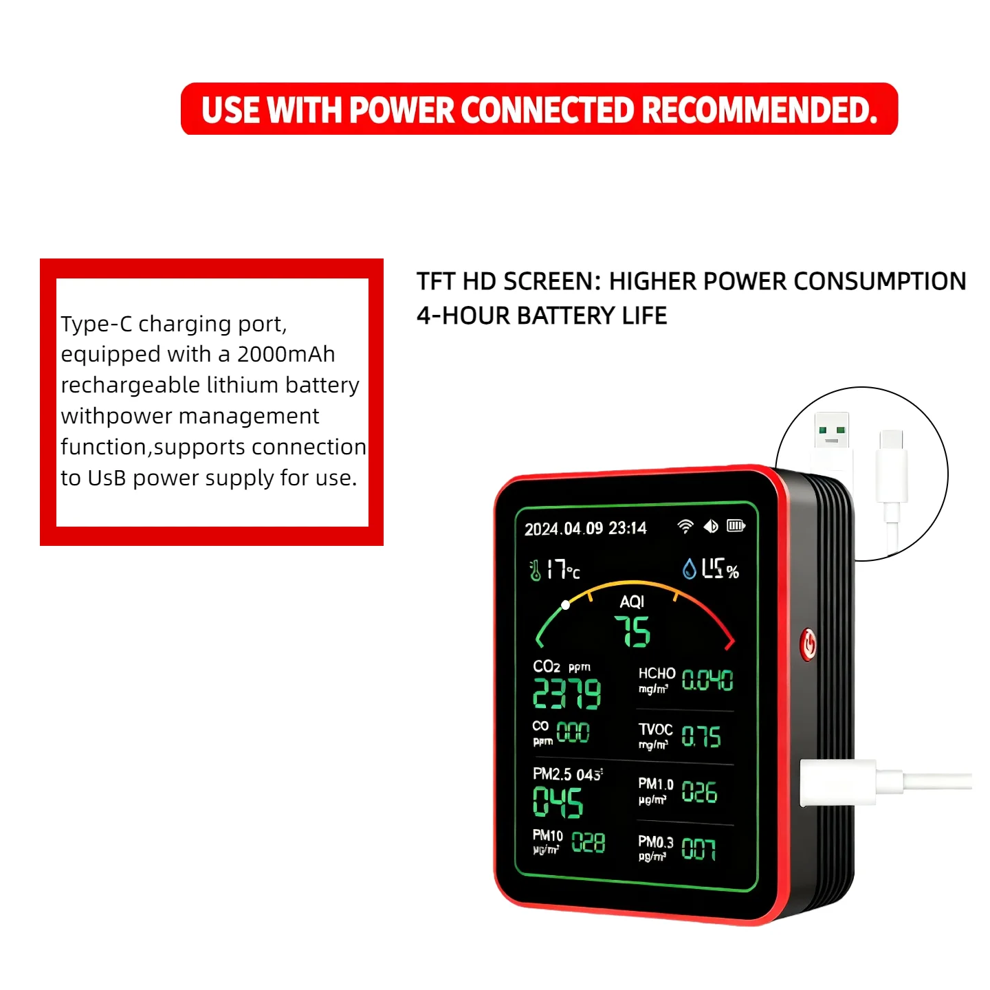 Heim-Luftqualitätsmonitor Tuya WiFi App USB Aufladbarer Gasdetektor AQI PM2.5 PM10 PM0.3 TVOC HCHO CO CO2 Sensor Messgerät 15 in 1 – Detail 7