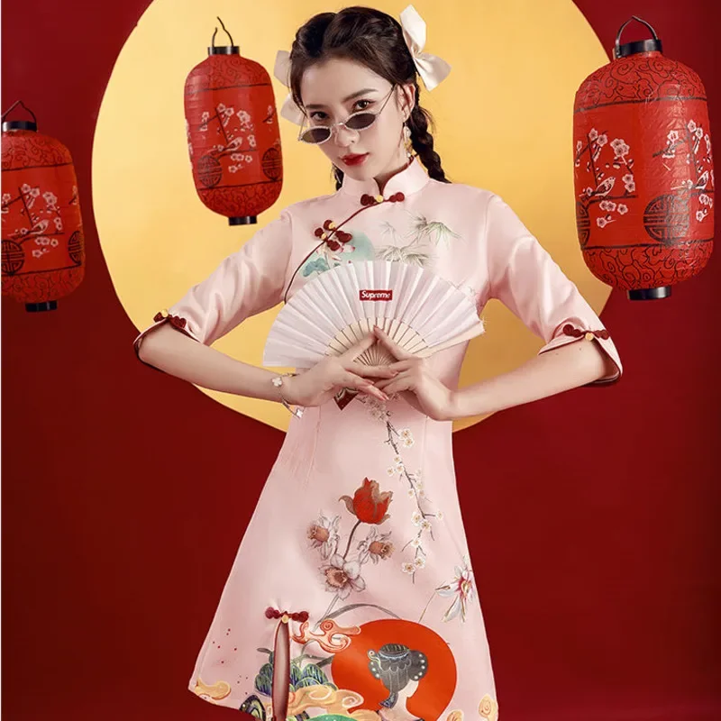 

2023 Spring Pink Elegant Slim Girl Chinese Qipao Short Women Modern Improve Vintage Cheongsam National Style Fashion Print Dress