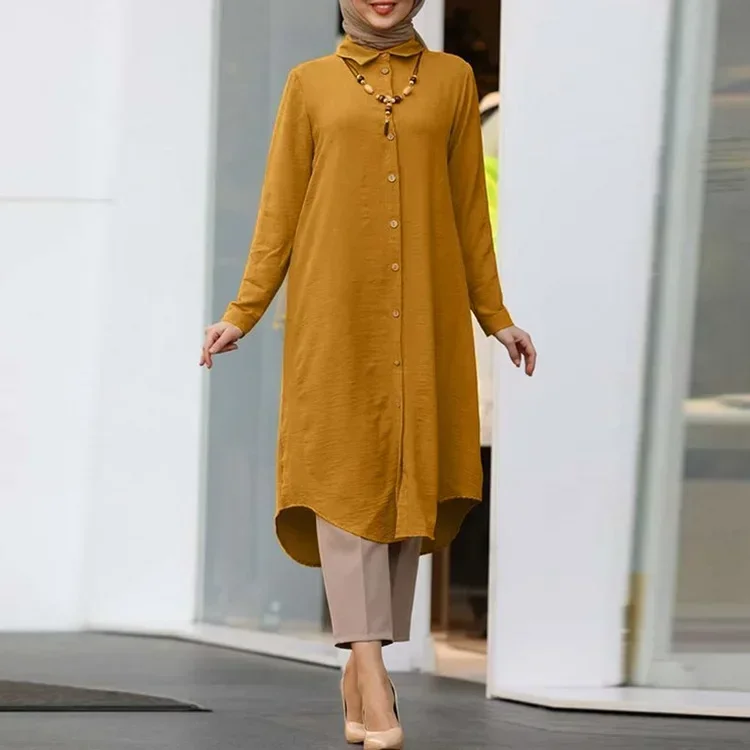 Muslim Solid Mid-Length Shirt Dress for Women Dubai Abaya Fashion Single-Breasted Long Shirt Top Turkey Arab Islam  Muslim Tops