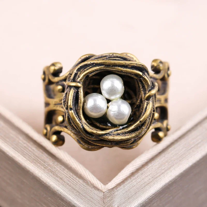 Finger Ring New Fashion Vintage Bird Nest Imitation Pearl Open Rings For Women Girls Anniversary Birthday Gifts Party Jewelry