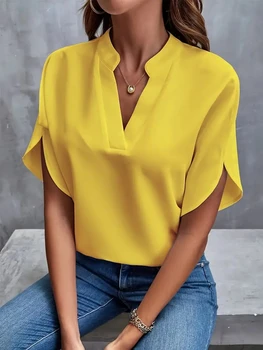 Women Elegant Solid Chiffon Blouse Spring Summer Casual Long Sleeve V Neck Loose Shirt Office Lady Tunics Oversized Tops 2024 1