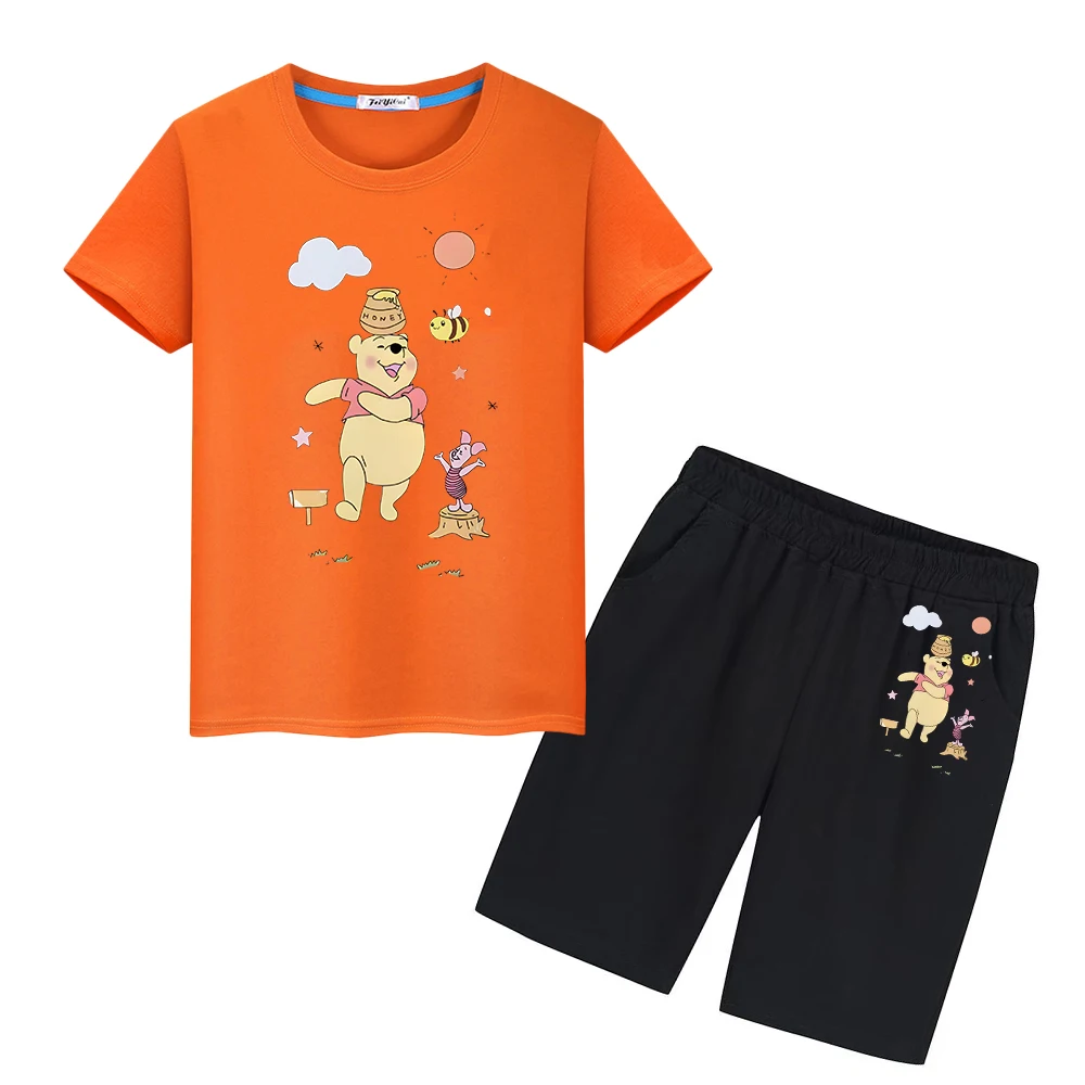 

Pooh Bear Print 100%Cotton T-shirt Sports Sets Kawaii Tshirts Disney Cute Tees Short+pant kids holiday gift boys girls clothes