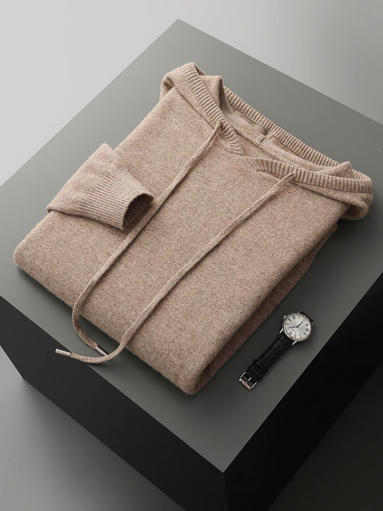 CHICUU Men Hooded Pullover Sweater Autumn Winter Thick 100% Merino Wool Knitwear Long Sleeve Casual Style Clothing Tops 2