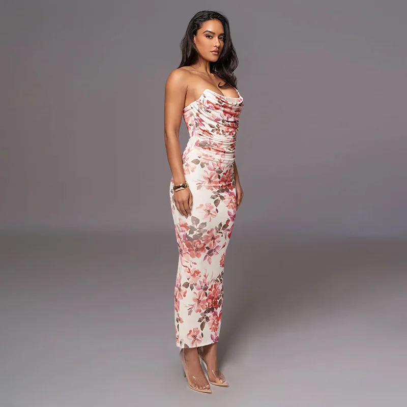 Vestido midi sexy con estampado de un solo hombro para mujer, vestido largo ajustado sin mangas con hombros descubiertos y espalda descubierta para fiesta y club.