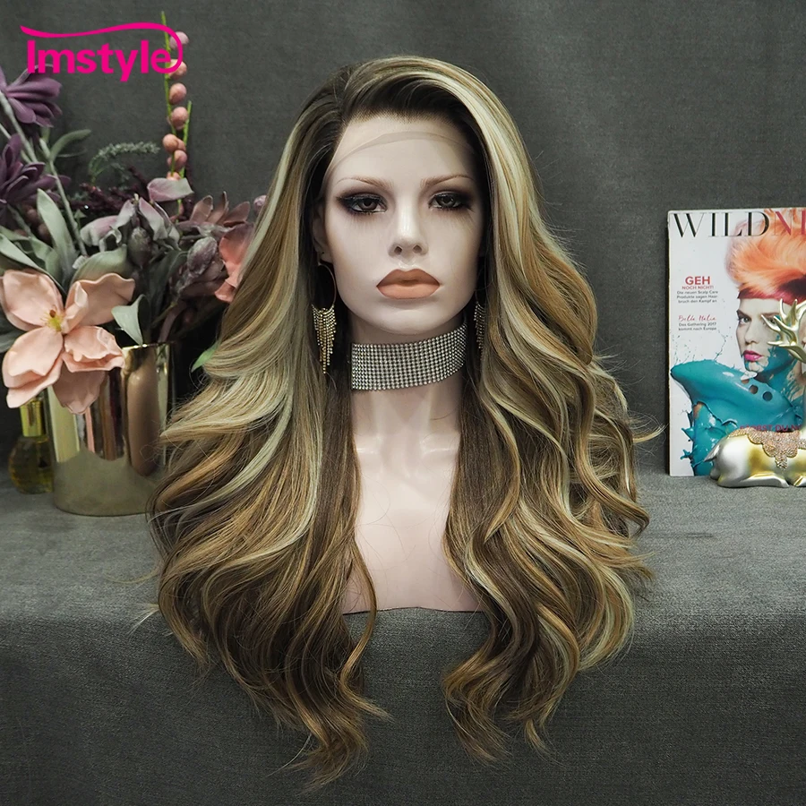 Imstyle Brown Synthetic Lace Front Wig Natural Wavy Wigs For Women Daily Long Lace Heat Resistant Fiber Cosplay Wigs