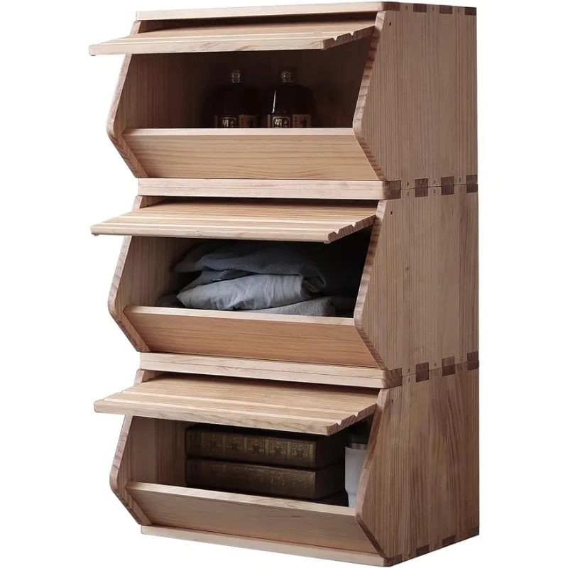 

Stackable Solid Wood Storage Bins with Lids,Closet Storage Organizers,Hall Entryway Cabinet,19.5”W(3 Pack)