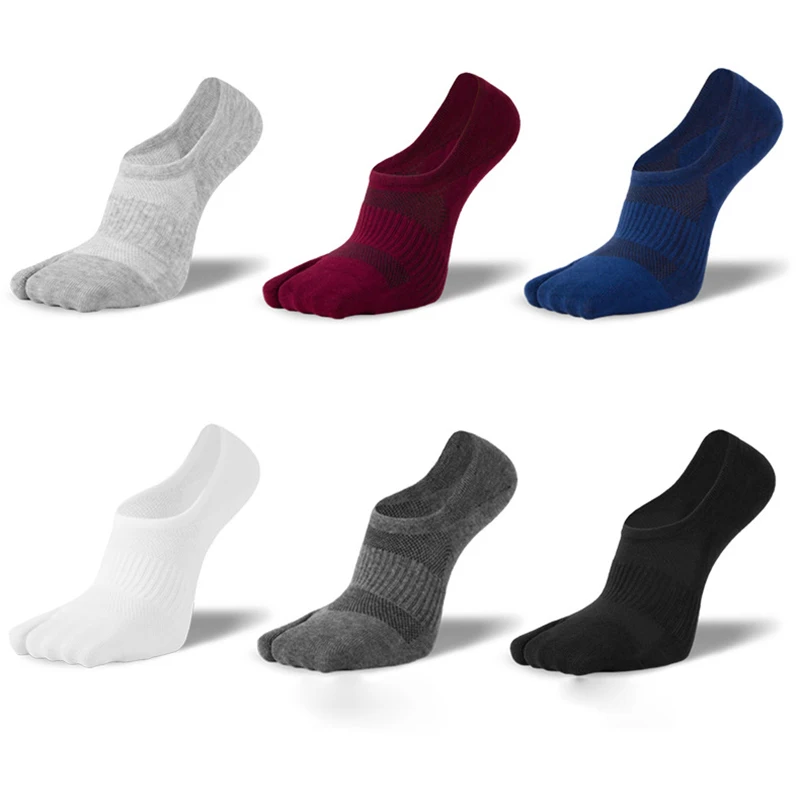 5 Pairs Low Cut Man Invisible Two Toe Socks Combed Cotton No Show Tabi Socks Solid Non Slip Athletic Hidden Liner for Sneakers