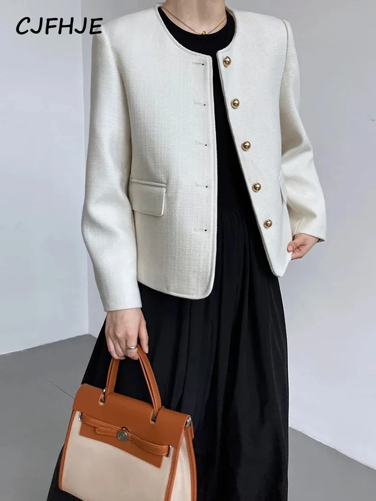 

CJFHJE Elegant Apricot White Wind Jackets Women Autumn New Fashion Office Lady Coats O-neck Black Tweed Tops Female Outerwear