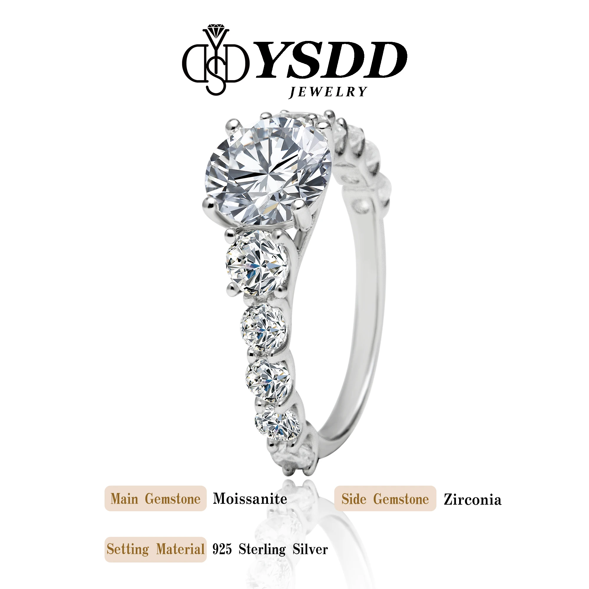 

#259 YSDD 925 Sterling Silver Moissan Diamond Ring 2 Carat Full Diamond Light Luxury Women's Wedding Band Anniversary Gift