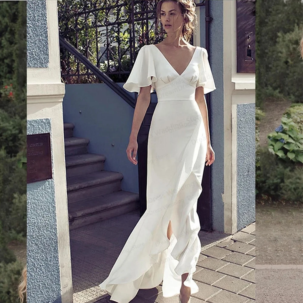 

Simple Sexy V-Back Mermaid Fluffy Sleeve Backless Wedding Dresses Slimming Satin Beautiful Bridal Gowns For Women Custom Made