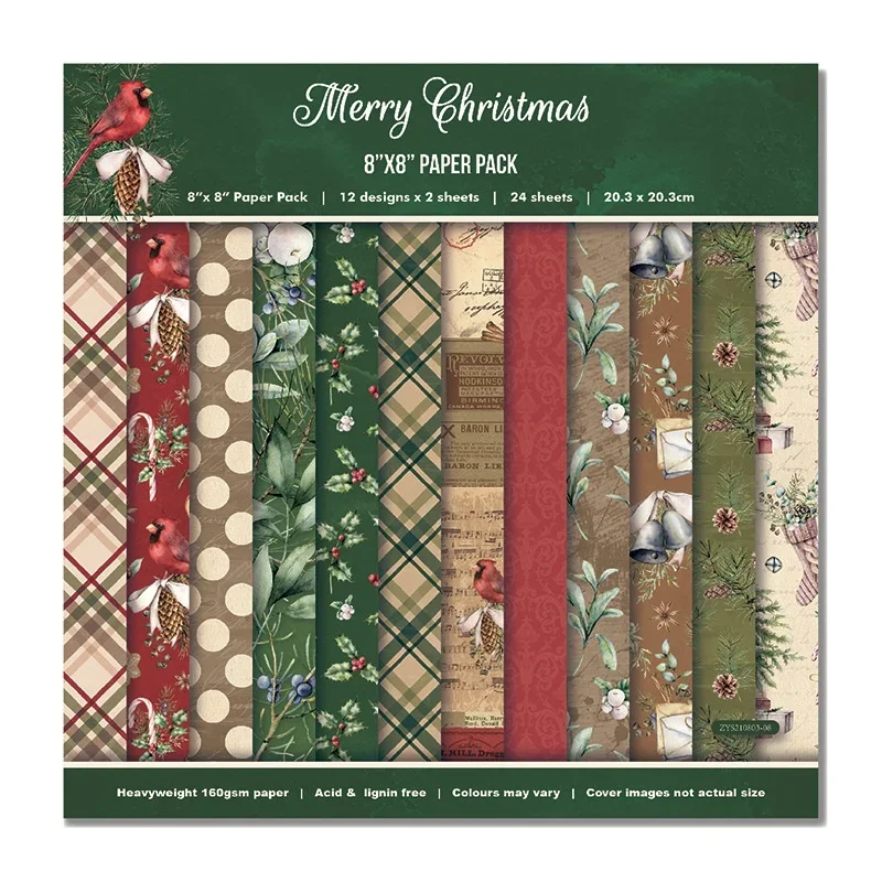 Merry Christmas Scrapbooking Paper Assorted Pattern Origami Cardstock Single-Sided Vintage DIY Decorative Cardmaking for 24Pcs