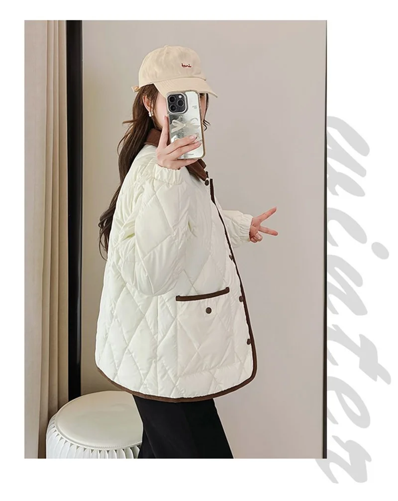 Autumn Winter Overcoat PU Leather Cotton-padded Jacket Women's Rhombic Lattice Short Coats Female Warm Outerwear No-wash Parkas