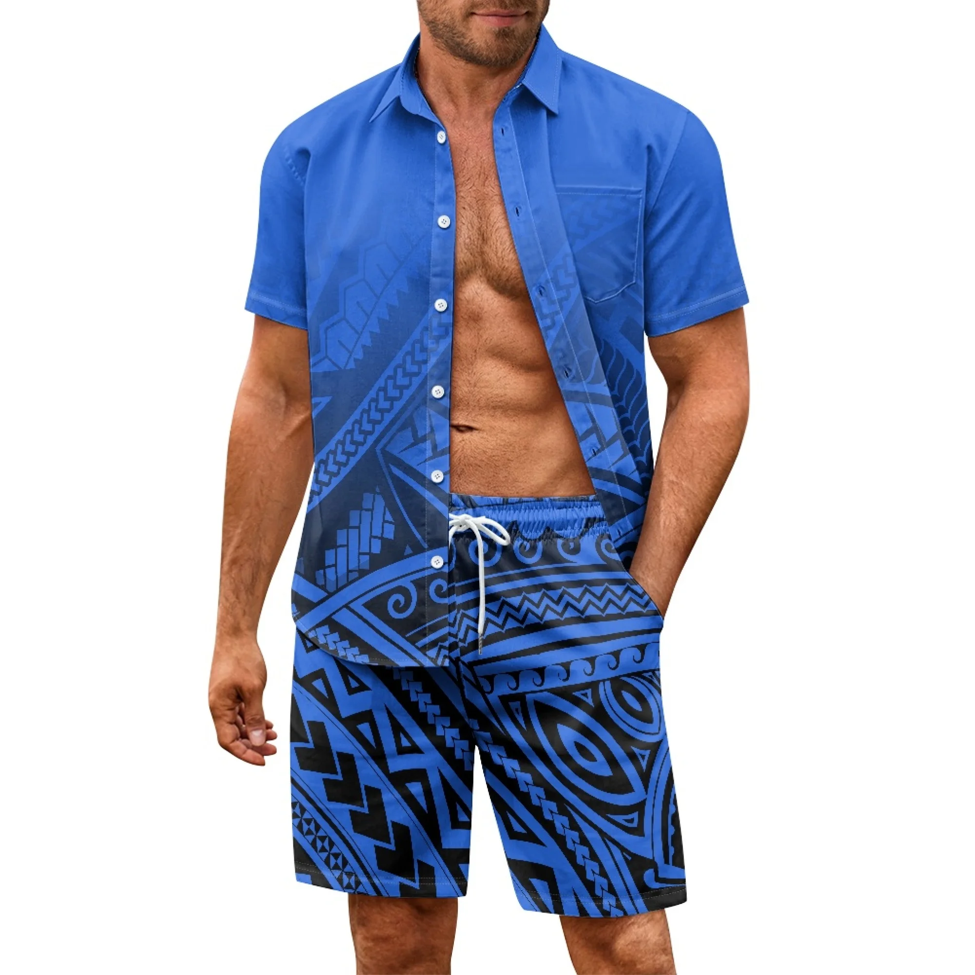 

2023 Summer Men's Beach Polynesian Shirt 2 Piece Set Fashion Hawaiian Vacation Surfing Shirt Shorts Casual Print