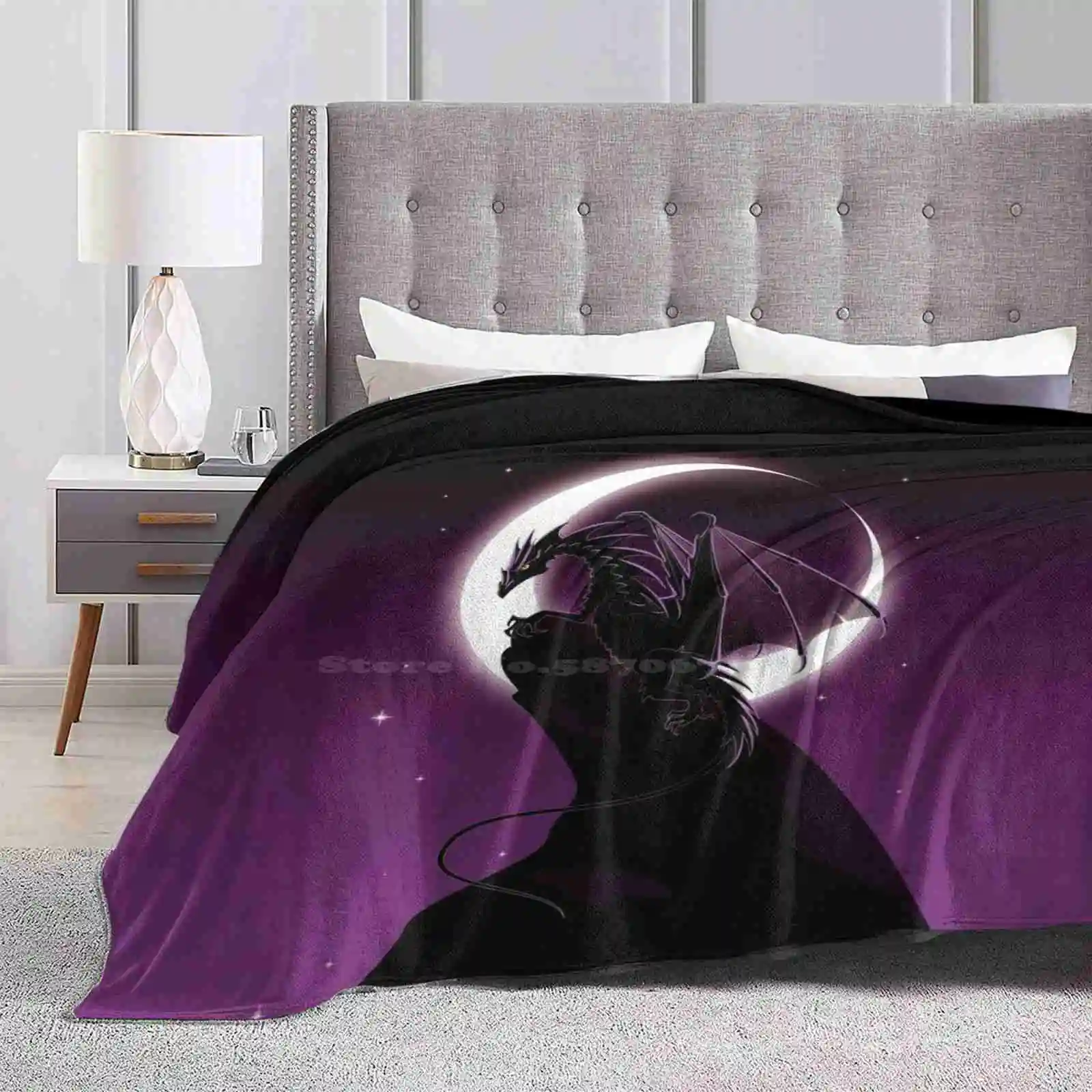 Purple Dragon Creative Design Light Thin Soft Flanella Coperta Black Cool Dark Dragon Fantasy Modern Moon Mountain Purple Stars