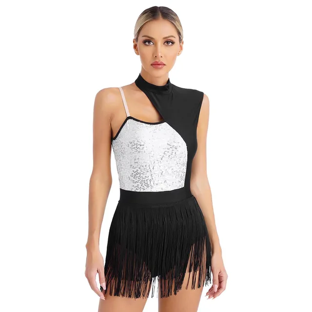 Abito Da Ballo Latino Donna Con Nappe E Paillettes - Costume Danza Samba, Tango, Rumba
