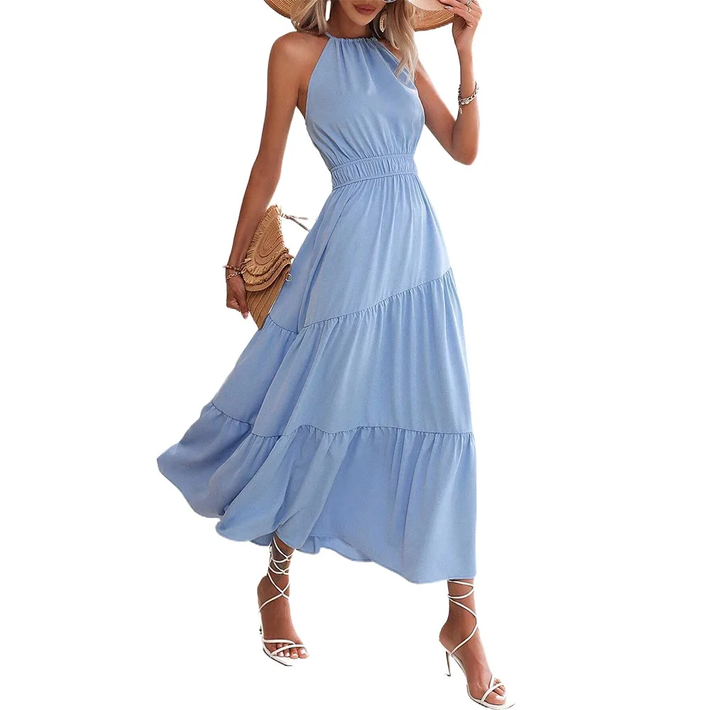 

European And American Women's Clothing 2023 New Waistband Cake Skirt Hanging Neck Sleeveless Vacation Casual Strap Dress