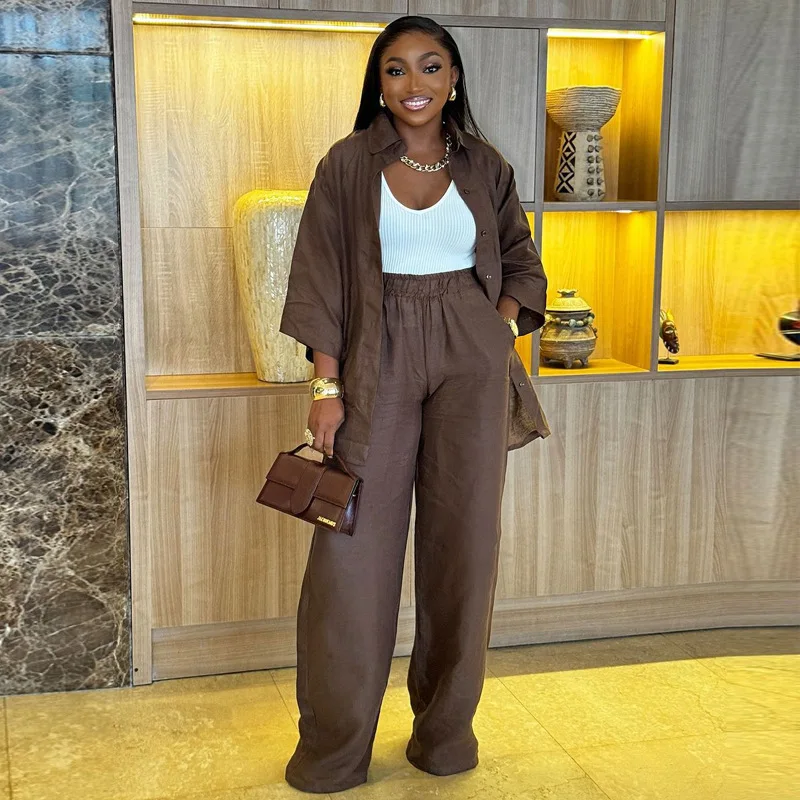 طقم كتان قطني من قطعتين للنساء ، قميص فضفاض كبير الحجم وسراويل طويلة ، بدلة مكتب غير رسمية للسيدات ، أكمام طويلة ، الربيع والصيف