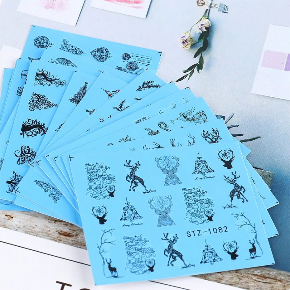 Lace Design Water Nail Stickers Christmas Tree Snowman Star Deer Sliders for Nails Manicure Winter Decorations LYSTZ1082-1097