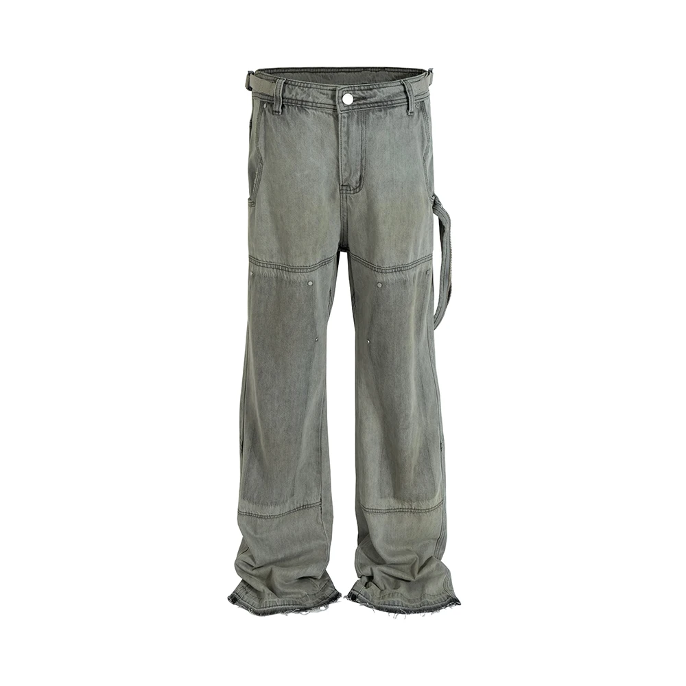 

Джинсовые брюки мужские с лентами, винтажные брюки-багги с эффектом потертости, прямые свободные штаны из денима, уличная одежда